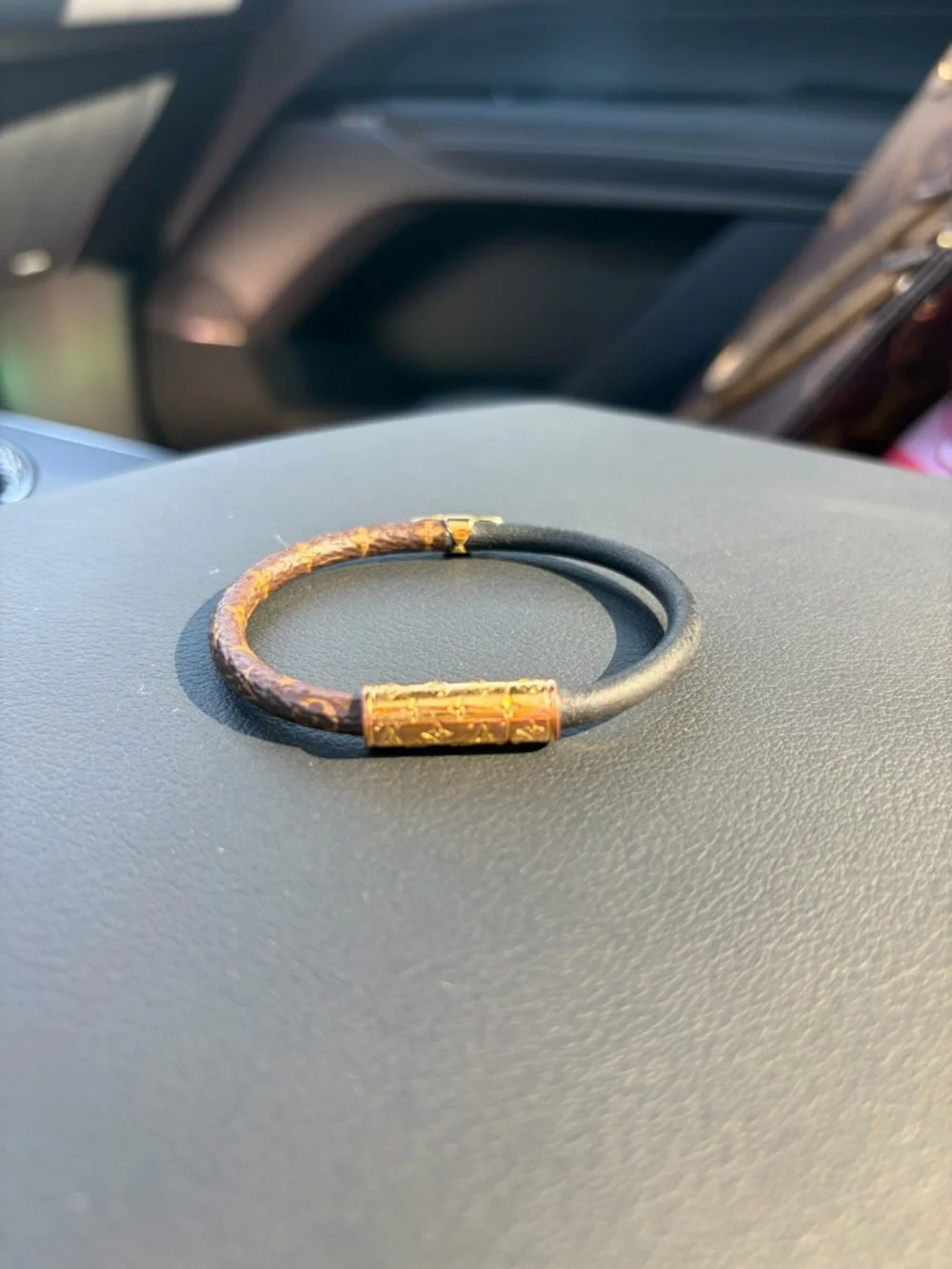 Authentic Louis Vuitton Designer Brown & Black Leather Bracelet with Gold Clasp